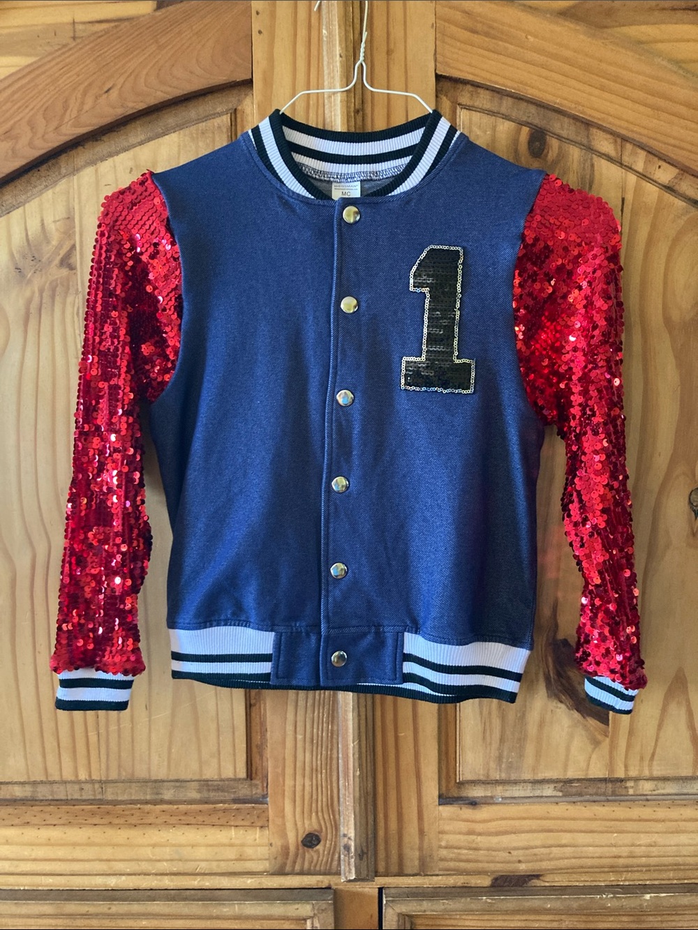Girls Weissman red blue black sequins snap front jacket size MC